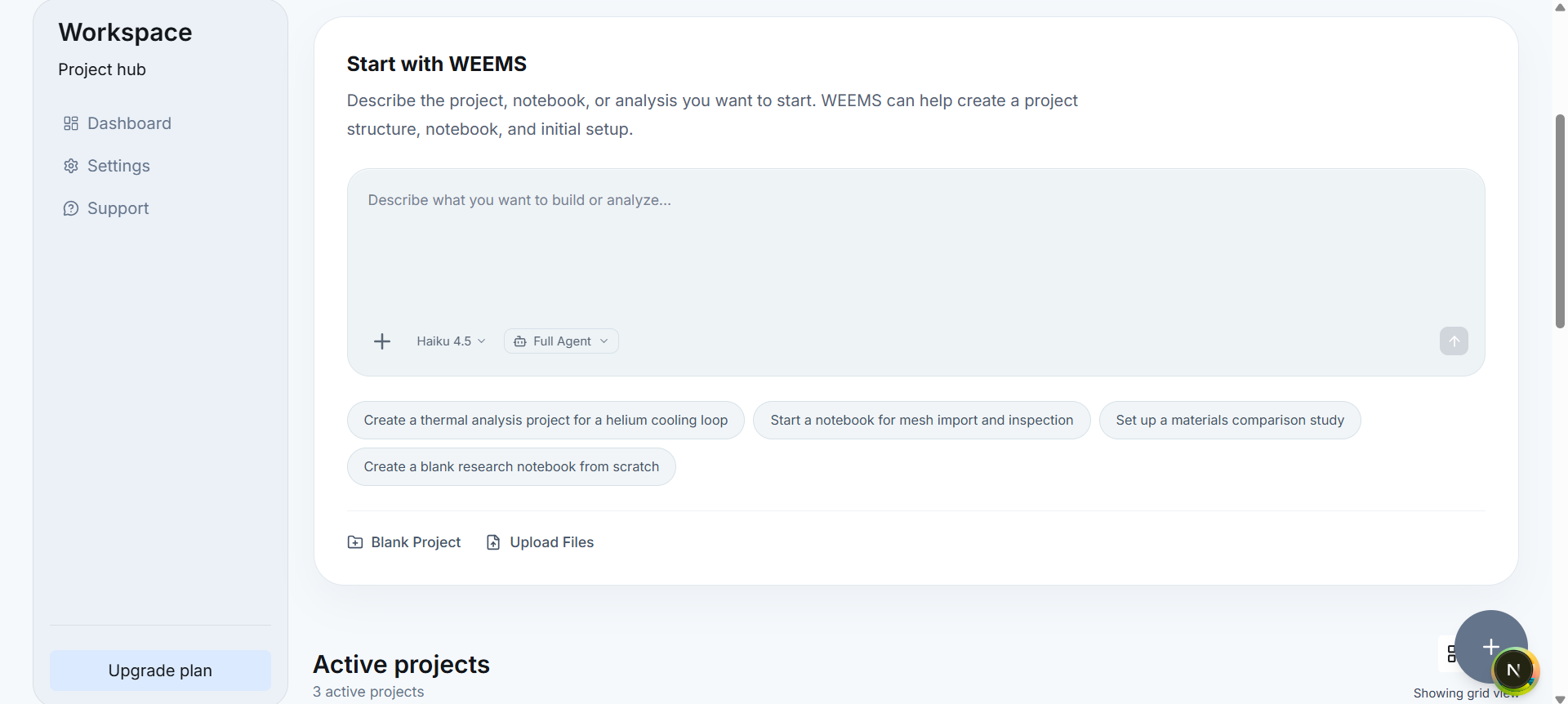 WEEMS AI assistant area in the project hub showing prompt entry and suggested project starters.