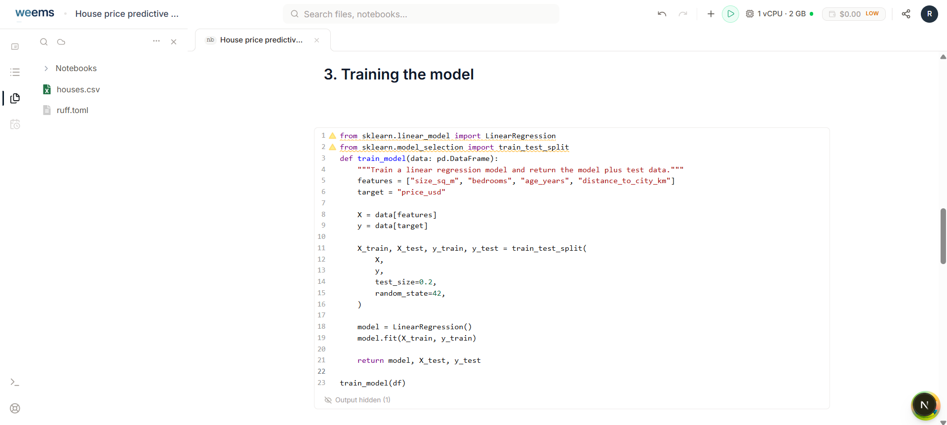 House price notebook code showing the training function, train/test split, and linear regression model.