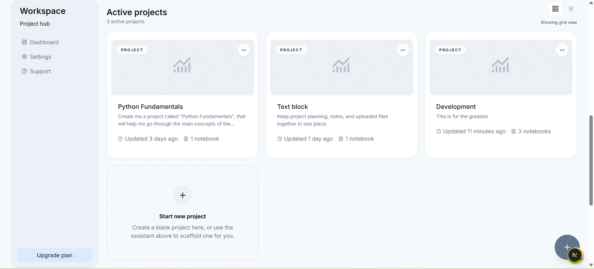 WEEMS active projects view showing multiple project cards and the create project card.