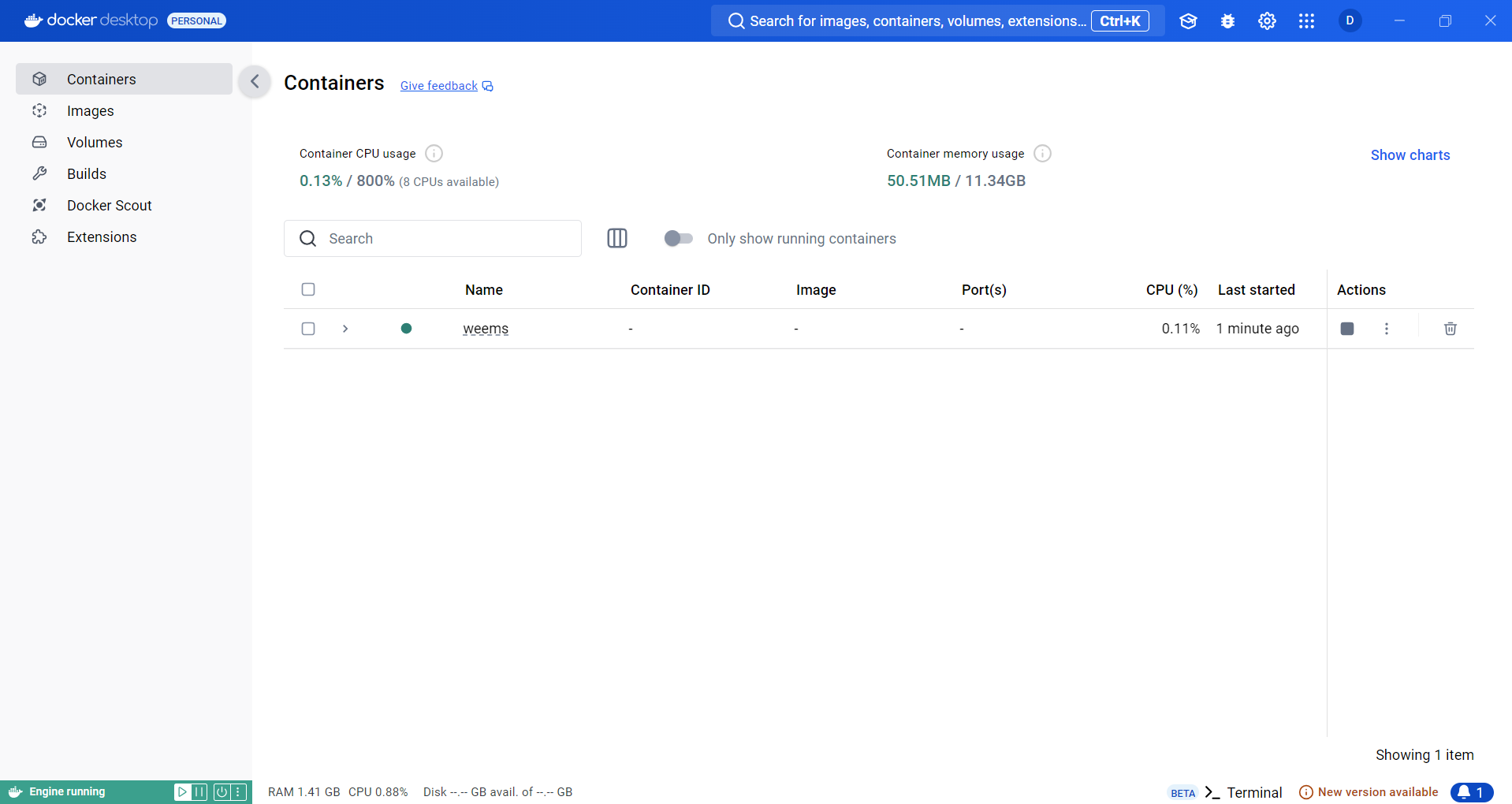 Docker Desktop showing the local adapter container running after the setup script completes.