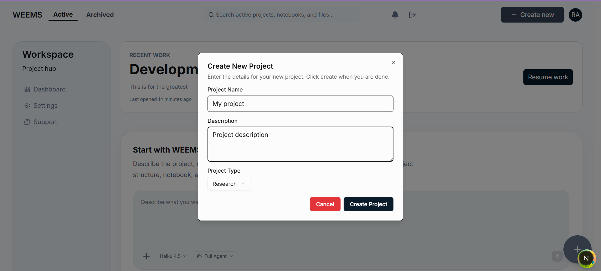 WEEMS create project dialog showing fields for project name, description, and type.