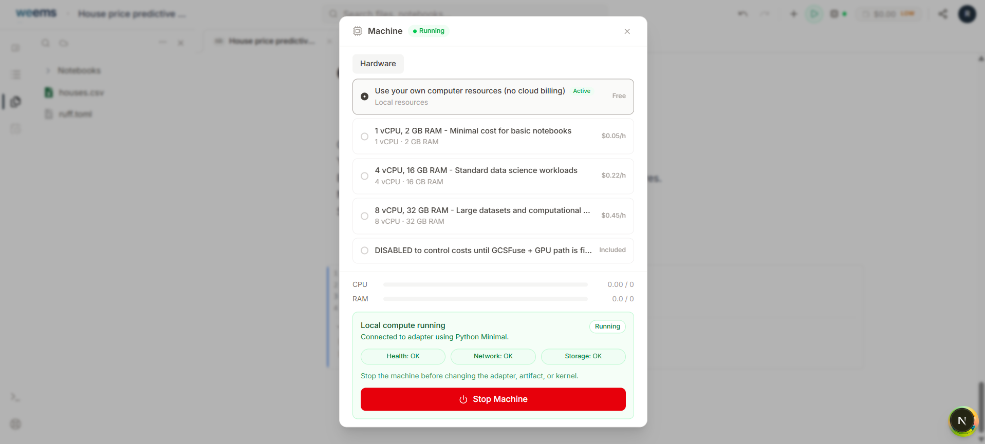 WEEMS Machine popup showing the local machine in a running state with local checks passing.
