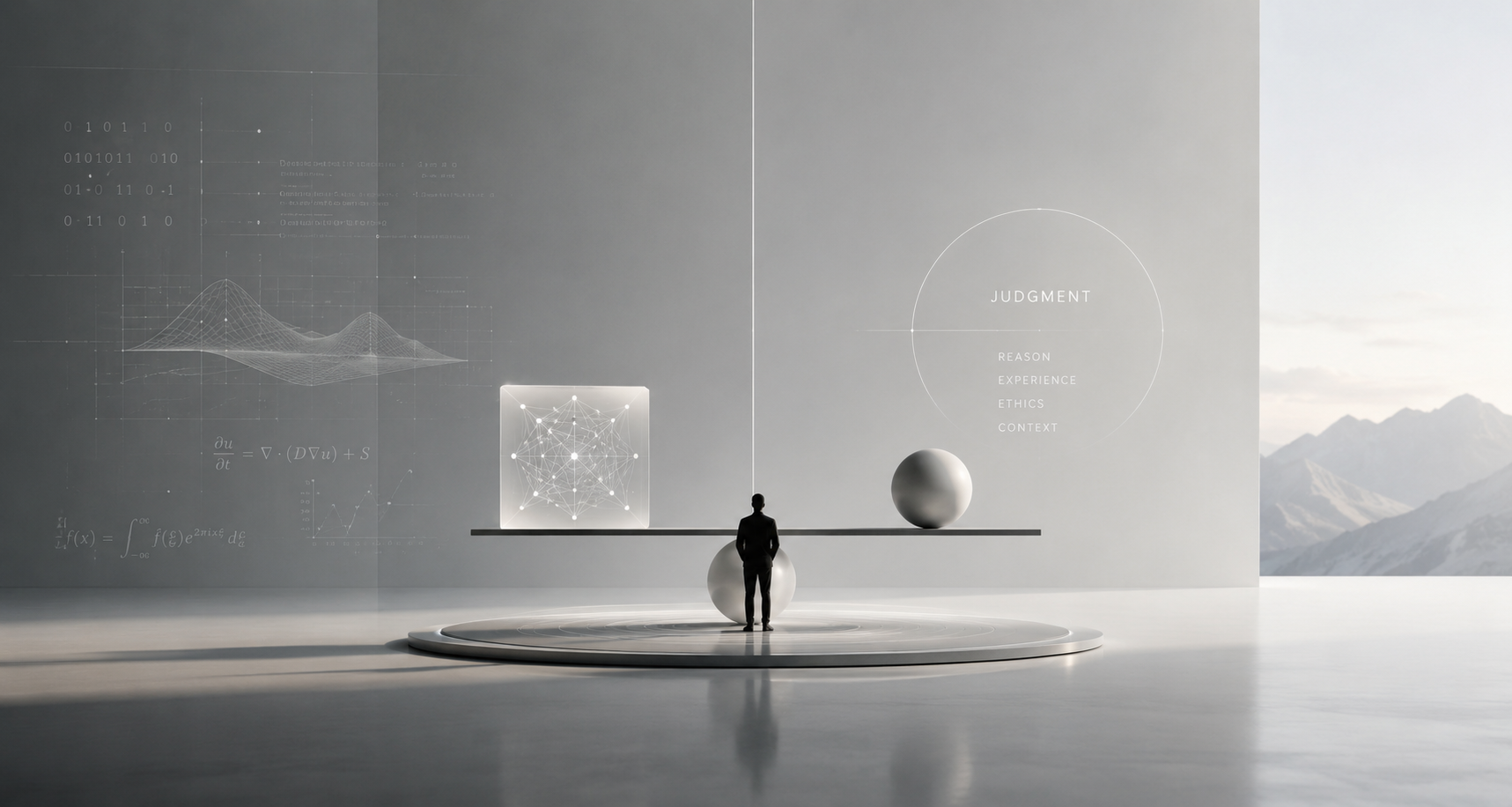 A figure standing on a balanced scale beneath a circle labeled Judgment, weighing reason, experience, ethics, and context against mathematical models.